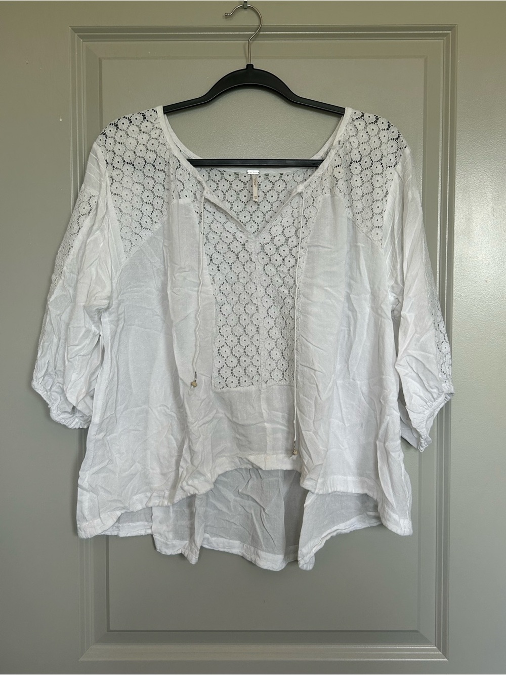 Free People White Crochet Lace Drawstring Peasant Blouse